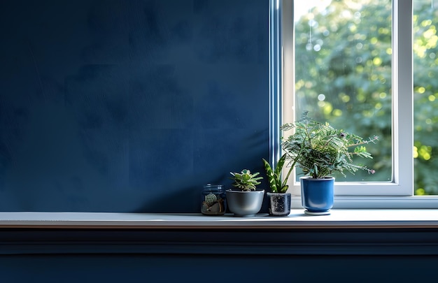 Plants in pots on a wooden table against a wall