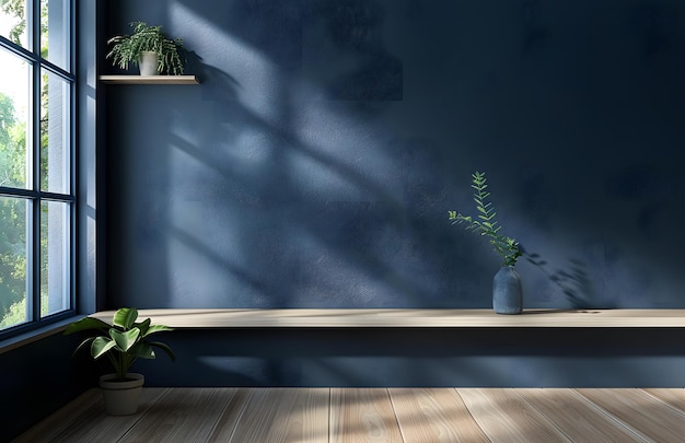 Plants in pots on a wooden table against a wall