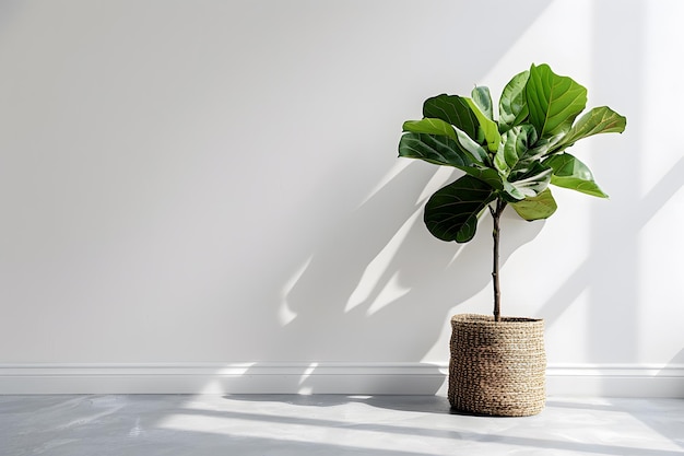 Plants in pots on a wooden table against a wall