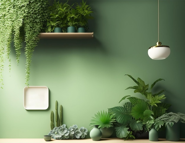 plants on a shelf with a green wall and a lamp