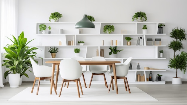 Plants on shelves and rug in white apartment interior with chairs at dining table under lamp