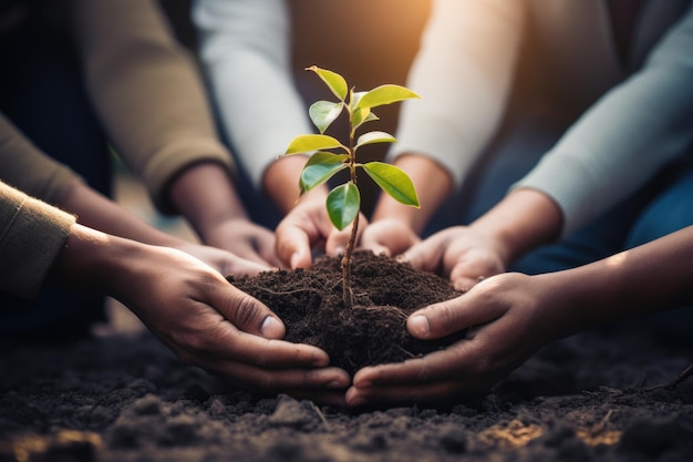 Plants sustainability and the earth in the hands of business people for teamwork support or environment Collaborating growing and investing in people and the soil for the future