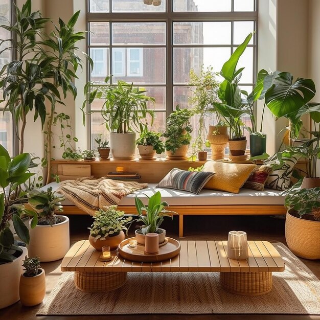 plants on a table in front of a window with a view of the city.