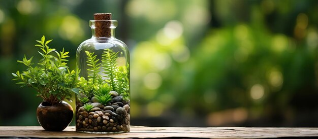 Photo plants in terrarium bottle on table