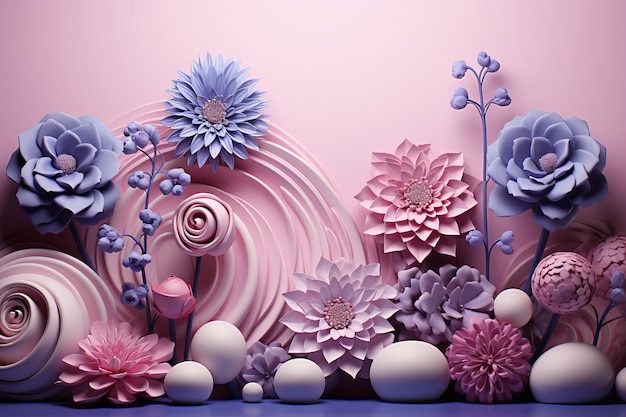パステル色のピンクと青色の風景のスタイルのタイルの植物