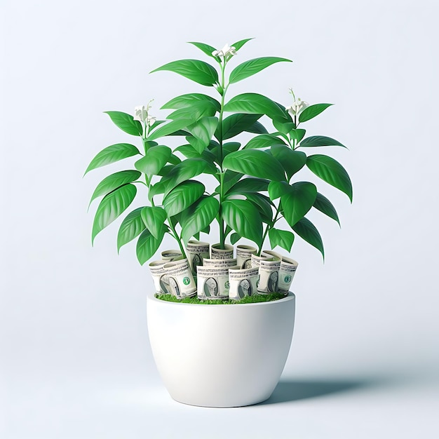Plants On white pot and raising Money with it money note floating in air money leaf dollar in soil
