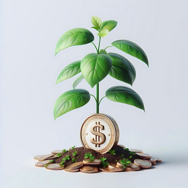 Plants On white pot and raising Money with it money note floating in air money leaf dollar in soil