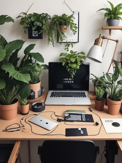 Photo plants in white workspace interior with wooden stools at desk with lamp and desktop computer