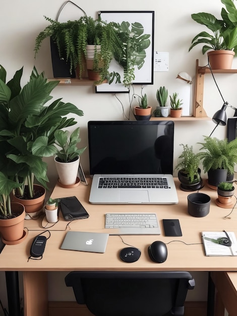 Photo plants in white workspace interior with wooden stools at desk with lamp and desktop computer