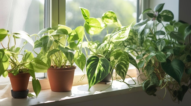 Plants on a windowsill with a view of the outside