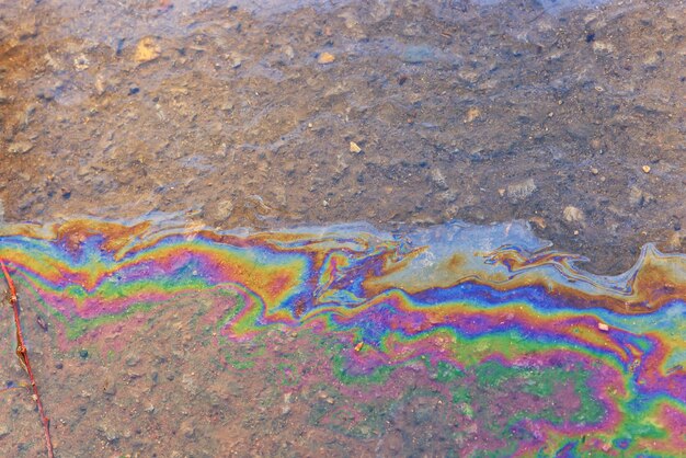 plas benzine achtergrond, natte olie veelkleurige regenboog vervuiling morsen
