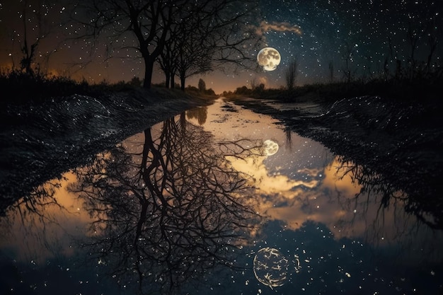 Plas gevuld met fonkelende reflecties van de nachtelijke hemel