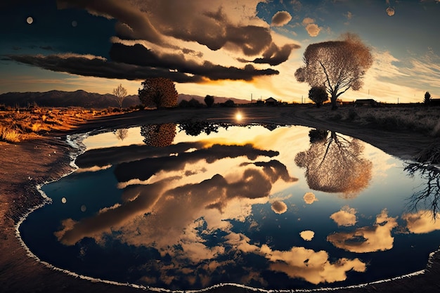 Plas met reflecties van het omringende landschap en de lucht