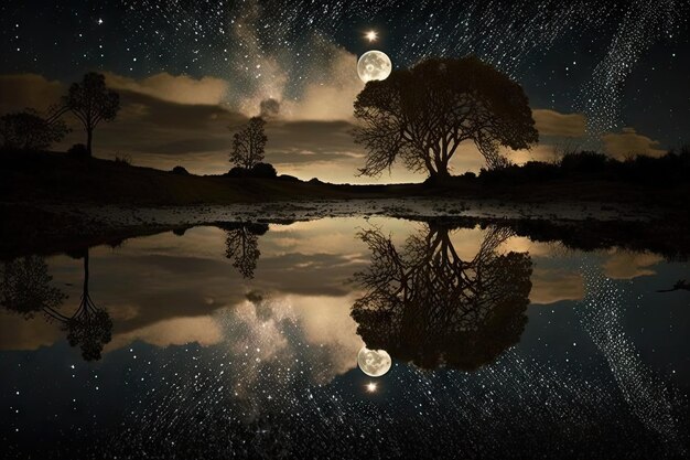 Foto plas weerspiegelt de prachtige nachtelijke hemel met een paar fonkelende sterren zichtbaar