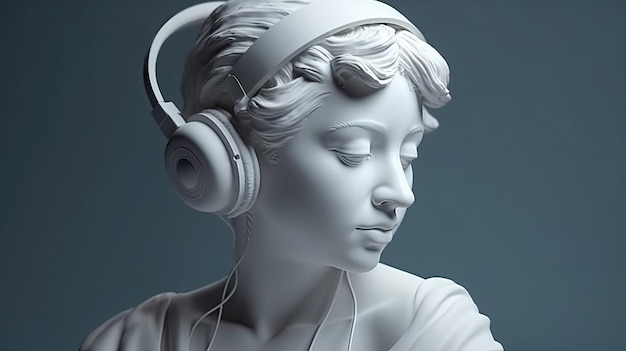 Plaster bust of a girl in headphones headset with Generative AI Technology