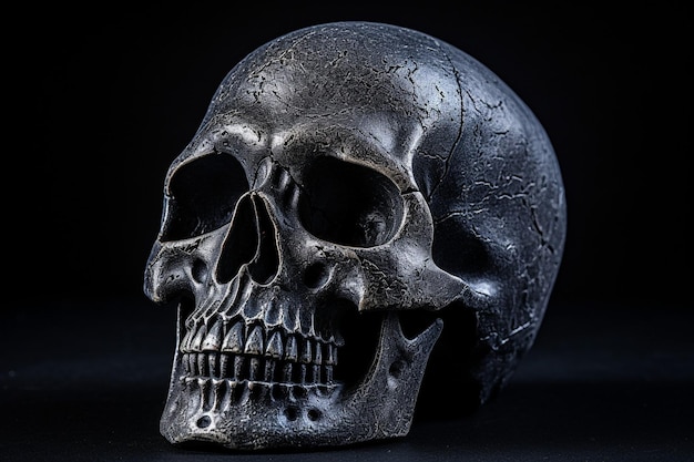 Plaster figure of a skull on a black background