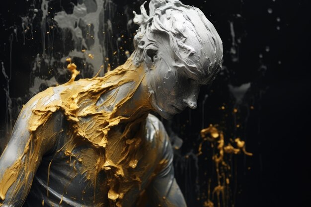 金と銀の塗料で閉じた目を持つ女性の顔の石膏刻