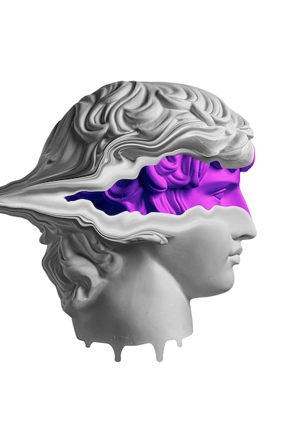 Photo plaster sculpture of young man face in a pop art style. statue of antinous head. creative concept colorful neon image with ancient roman sculpture antinous head. cyberpunk, webpunk and surreal style.