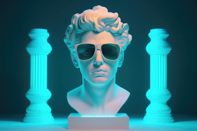 Photo plaster statue of greek head in glasses generative ai