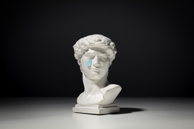 Plaster statue of the head of David on a black background