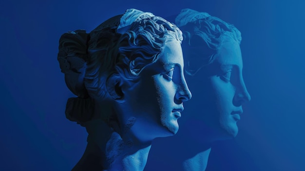 Plaster statue head and woman in profile over blue background