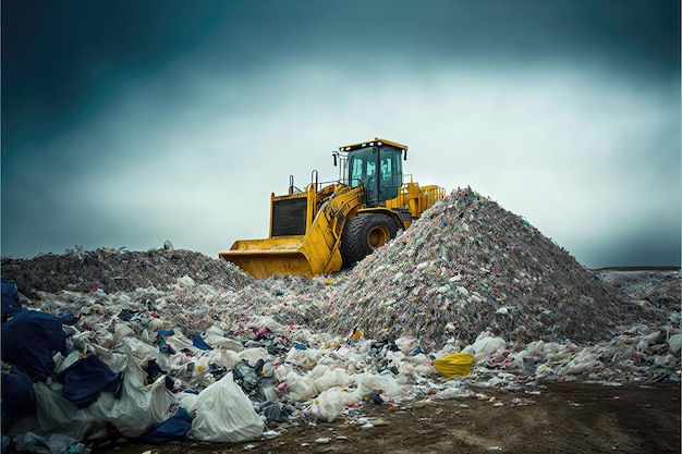 Plastic afval en bulldozer op stortplaats Milieuvervuilingsconcept