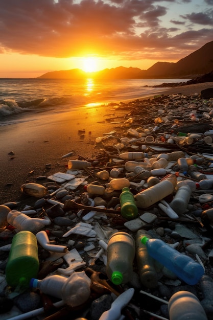 Plastic afval op het strand bij zonsondergang Concept milieuvervuiling