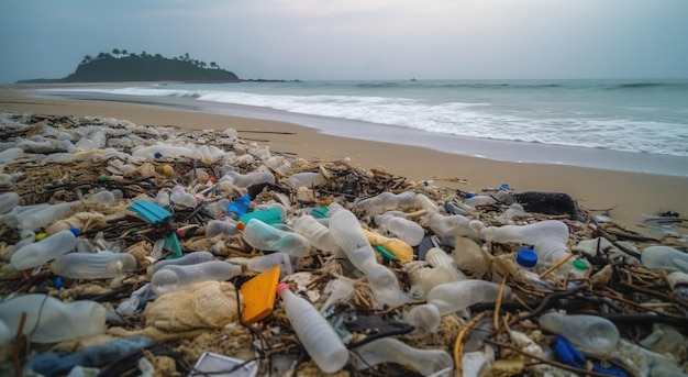 Plastic afval op zee of oceaankust Wereldwijd vervuilingsconcept Generatieve AI