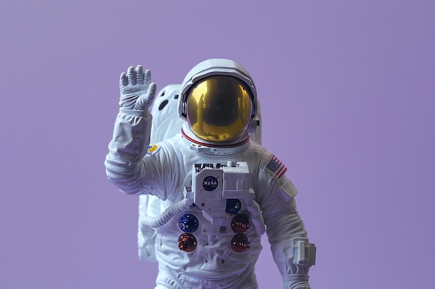 plastic astronaut figurine standing on a purple background waving its hand in the air with a gold