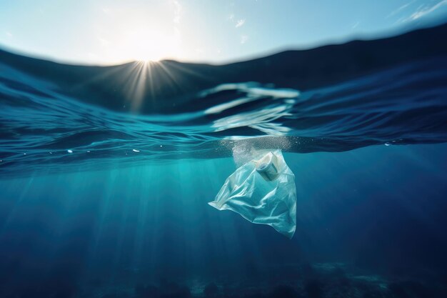 Plastic bag and bottle floating in azure ocean created with generative ai