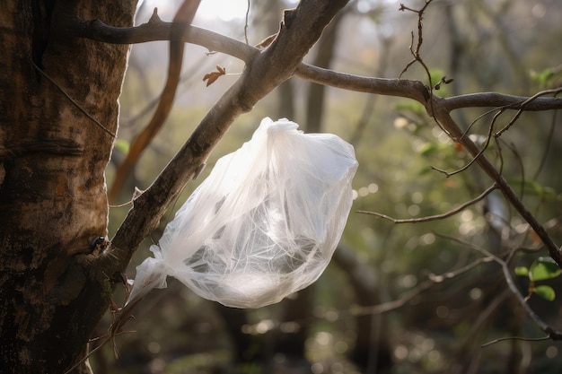 Plastic bag caught in tree branch surrounded by natural beauty