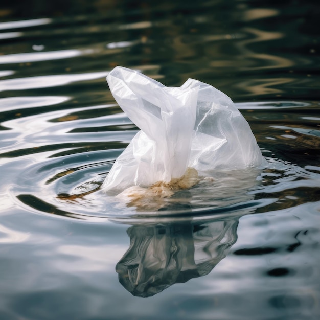 Пластиковый пакет, плавающий в луже воды с рябью на нем.