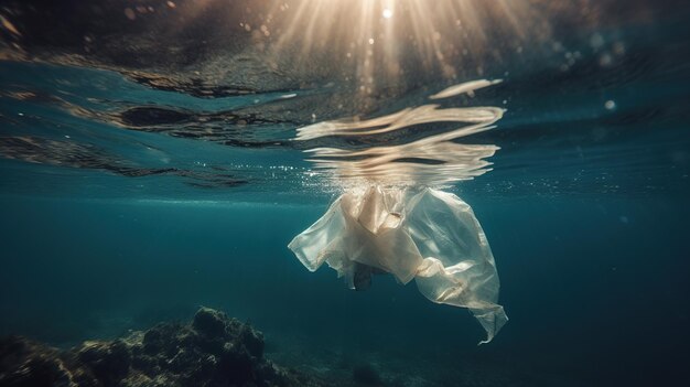 A plastic bag floats in the ocean