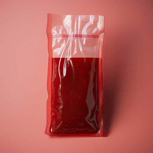 a plastic bag of red liquid with a white label on it