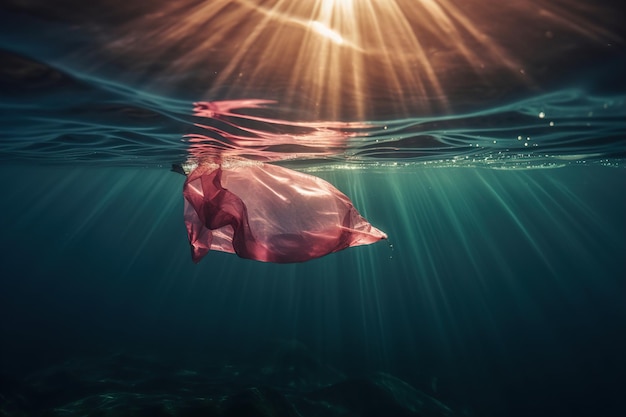 A plastic bag swimming underwater in ocean Generative Ai