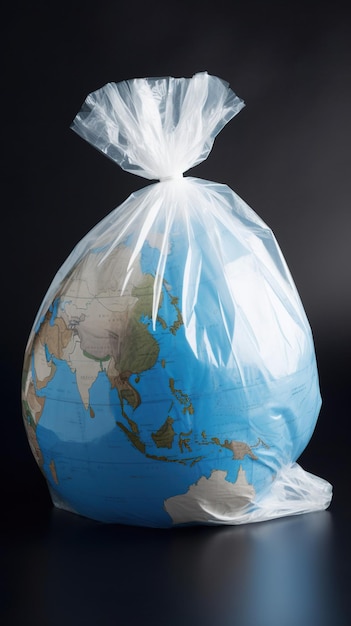 A plastic bag with a map of the world inside it.