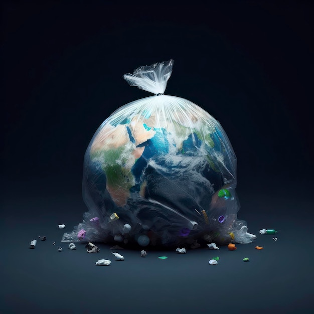 Photo a plastic bag with the planet earth and garbage on solid dark background ai generative