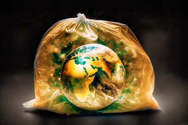 A plastic bag with the planet earth in it