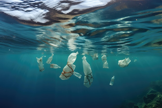 Фото Пластиковые пакеты и бутылки, плавающие в море