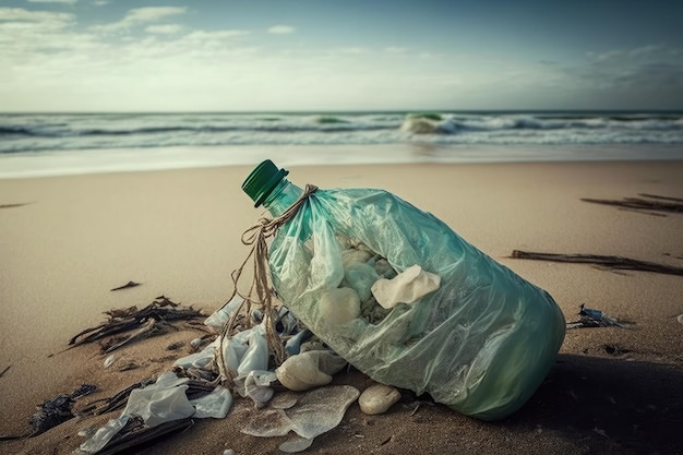 깨끗한 해변을 오염시키는 해변으로 밀려온 비닐봉지와 병