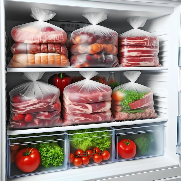 Plastic bags with deep frozen meats and vegetables on white shelves in the refrigerator