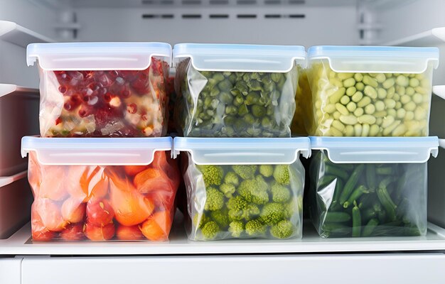 Foto plastic bags with deep frozen vegetables on white shelves in the