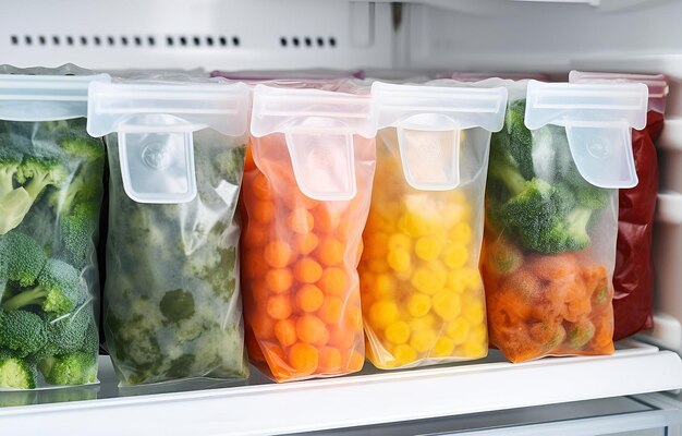 Plastic bags with deep frozen vegetables on white shelves in the