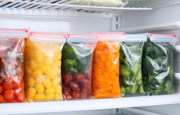 Plastic bags with deep frozen vegetables on white shelves in the