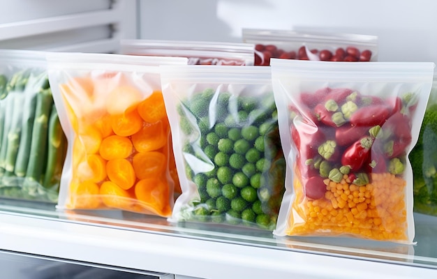 Plastic bags with deep frozen vegetables on white shelves in the