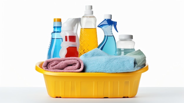 Photo plastic basin with dirty clothes and bottles of laundry