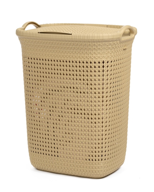 Plastic beige laundry basket isolated on white background