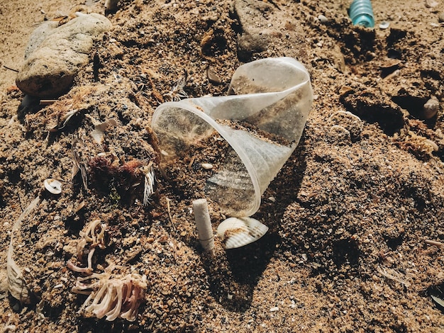 Plastic beker voor eenmalig gebruik en sigarettenpeuk in zand zeeafval op het strand Plastic vervuiling op het strand Stop plastic vervuiling Afval aan de kust Vuilnisramp Verbod eenmalig gebruik Zero waste