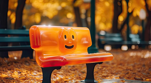 A plastic bench with a smiley face on it