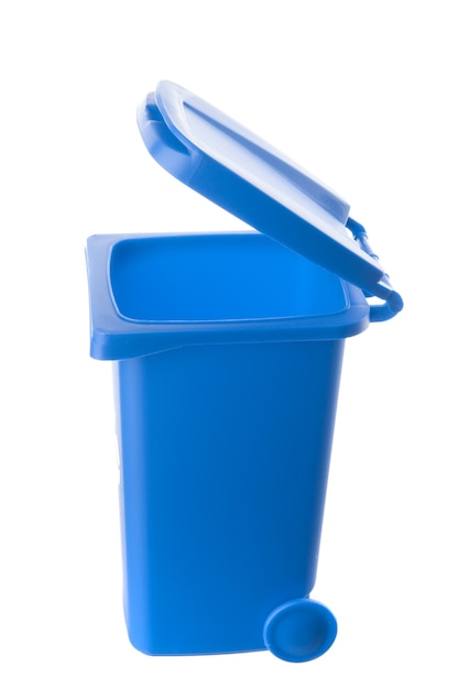 Plastic blue trash can isolated on white background